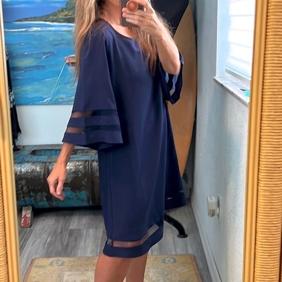 ⭐️Lightweight, Navy Blue Dress, Dress Up or Down, Lovely, Sheer Striped Hems, L - Picture 7 of 10